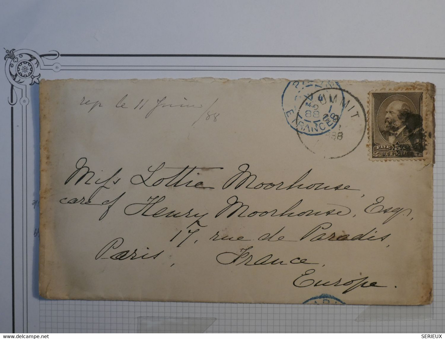 BL8 ETATS UNIS  BELLE LETTRE   1888 SUMMIT   A  PARIS FRANCE  +  N°62 +AFFR.INTERESSANT ++ - Lettres & Documents