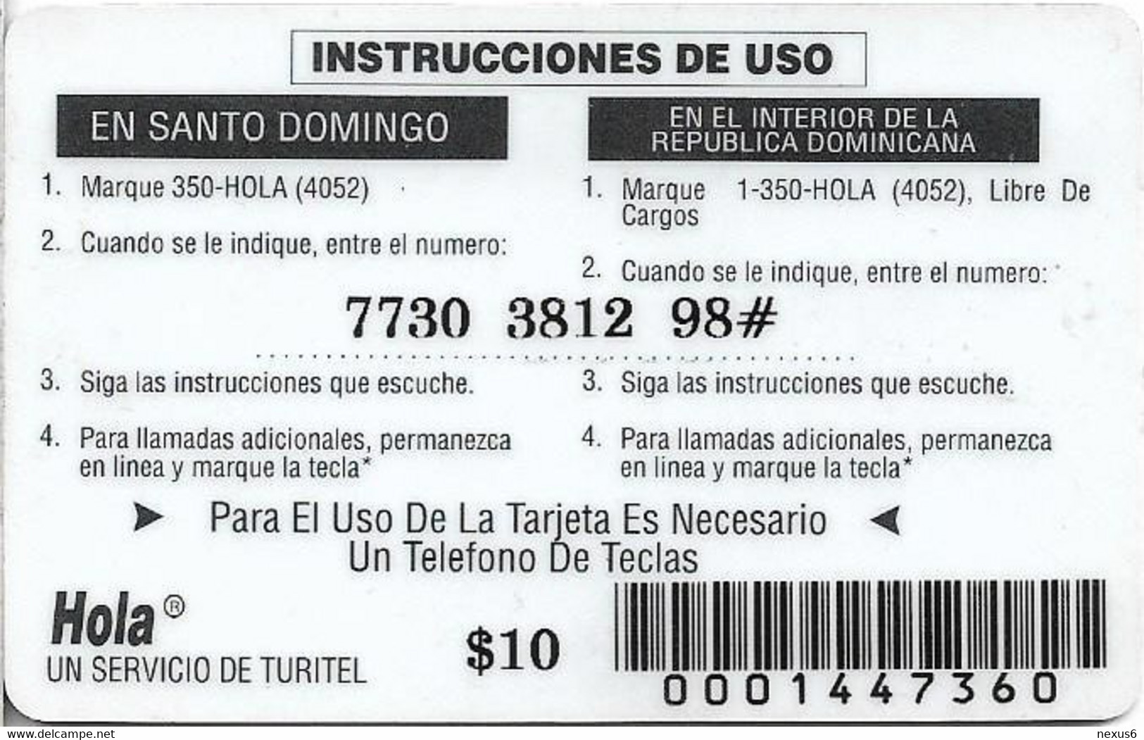 Dominican Rep. - Turitel - Hola, Red Map 10$ (Reverse #3, With Barcode), 1994, Remote Mem. 10$, Used - Dominicana