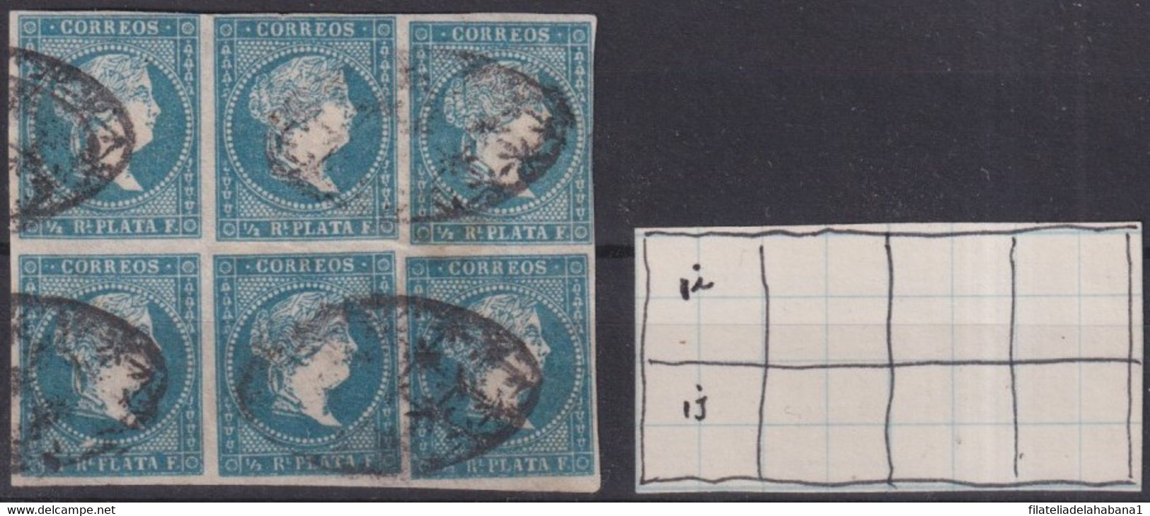 1857-399 CUBA SPAIN ANTILLES PUERTO RICO 1857 ISABEL II BLOCK 6 WITH PLATE POSSITION. - Voorfilatelie