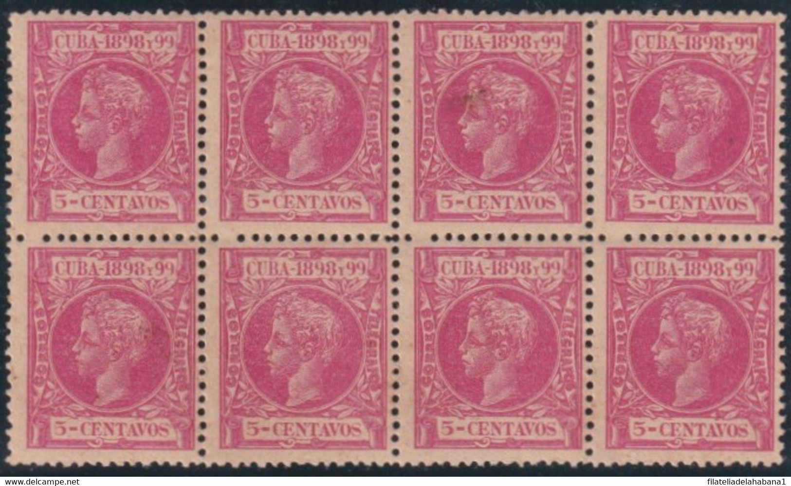 1898-351 CUBA SPAIN 1898 ALFONSO XIII 5c BLOCK 8 ORIGINAL GUM. - Préphilatélie