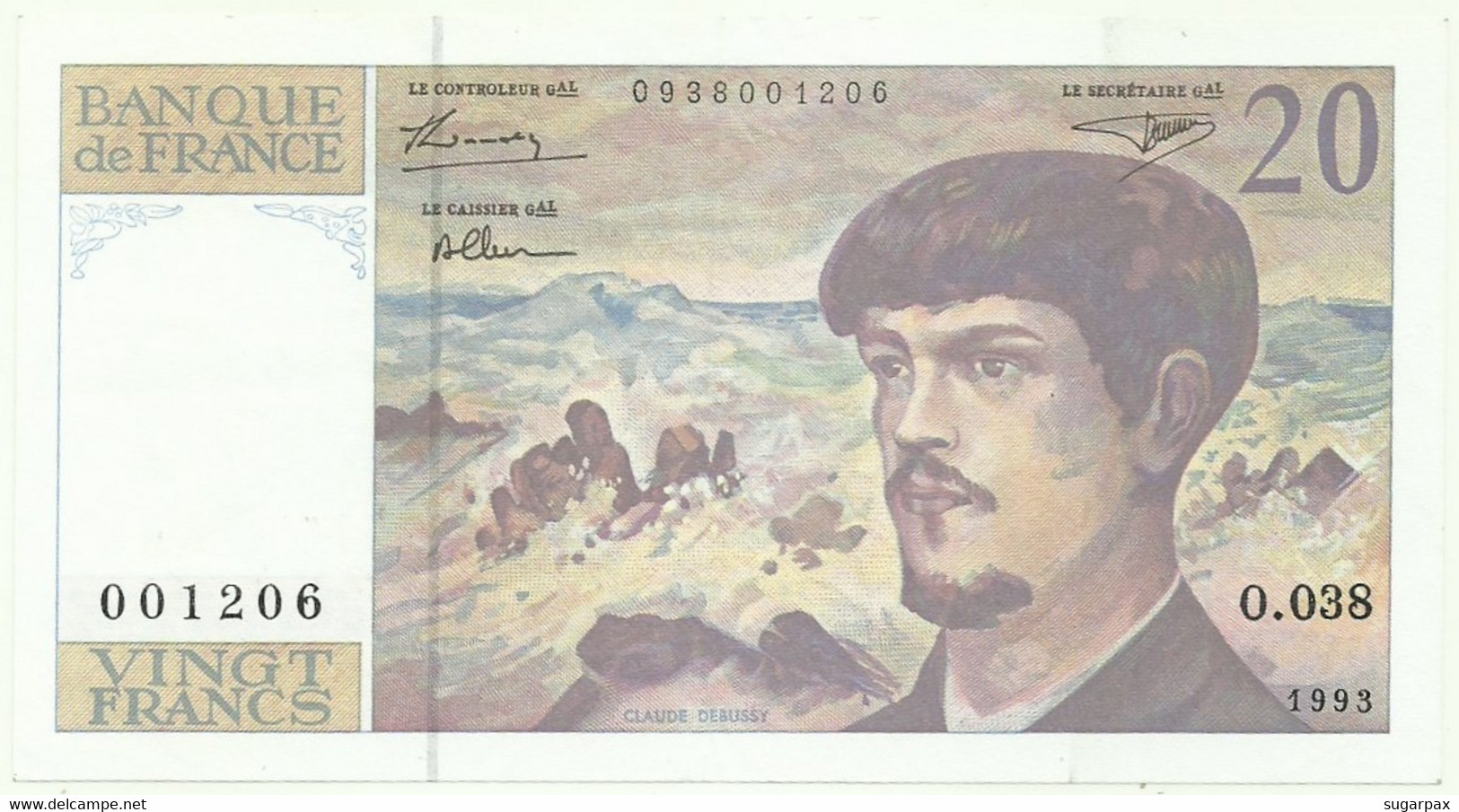 FRANCE - 20 Francs - 1993 - P 151.f - Série O. 038 - Claude Debussy - Signature: D. Bruneel, J. Bonnardin, A. Charriau - 20 F 1980-1997 ''Debussy''