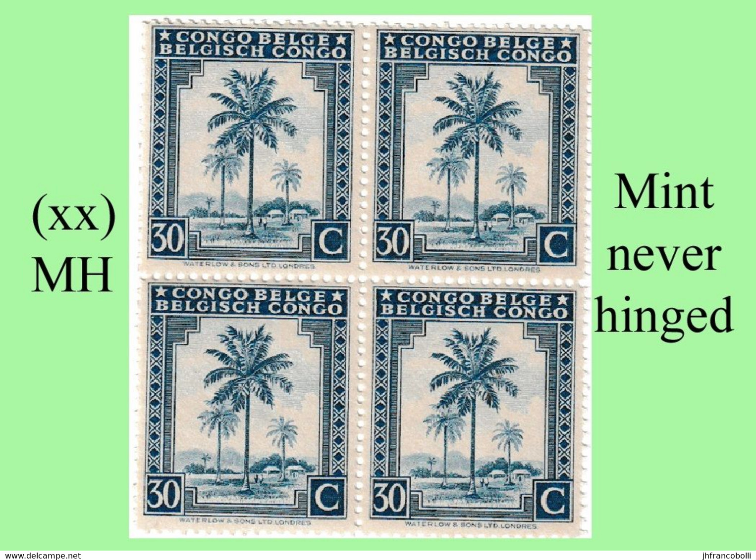 1942 ** BELGIAN CONGO / CONGO BELGE = COB 253 MNH CLEAR BLUE PALM TREE : BLOC OF -4- STAMPS WITH ORIGINAL GUM - Blocchi