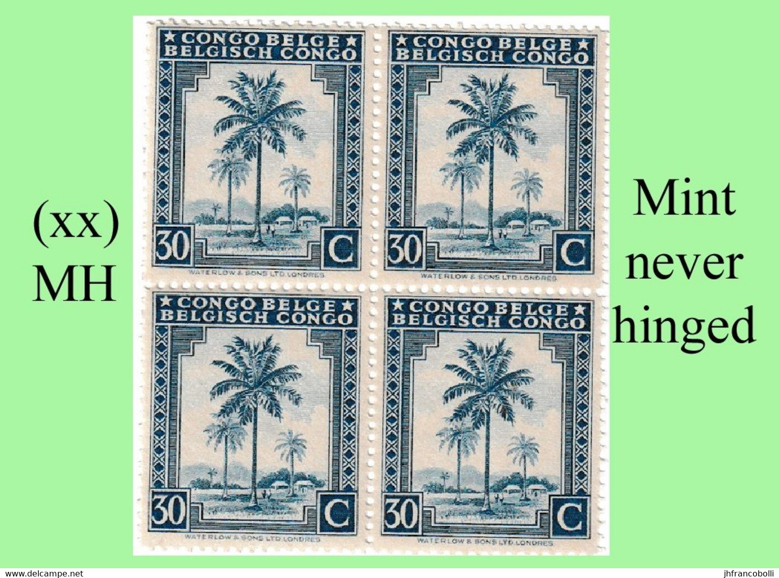 1942 ** BELGIAN CONGO / CONGO BELGE = COB 253 MNH CLEAR BLUE PALM TREE : BLOC OF -4- STAMPS WITH ORIGINAL GUM - Blocks & Kleinbögen