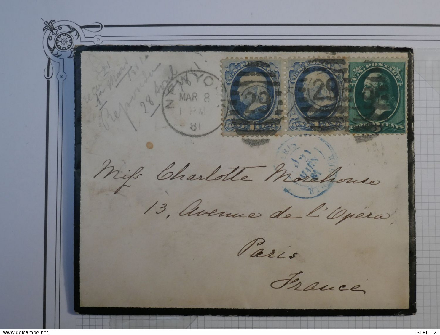 C. ETATS UNIS  BELLE LETTRE RARE  1881 NEW YORK A PARIS FRANCE   + PAIRE N°39  +++ AFFR.INTERESSANT ++ - Lettres & Documents