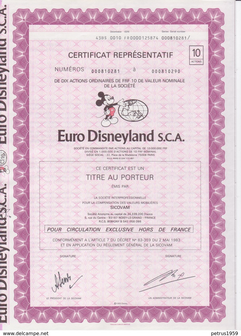 Euro Disneyland S.C.A.  Eurodisney,aandeel Met Coupons Coupure Van 10 - Tourismus