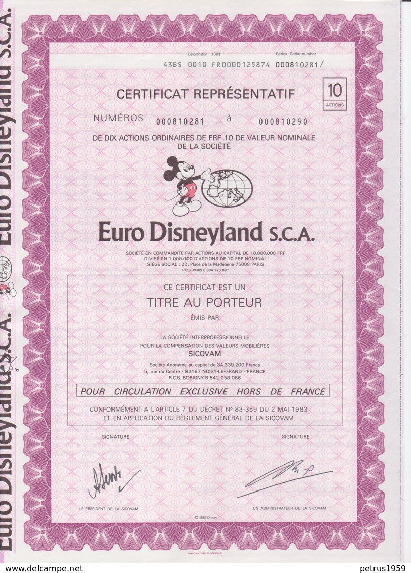 Euro Disneyland S.C.A.  Eurodisney,aandeel Met Coupons Coupure Van 10 - Toerisme