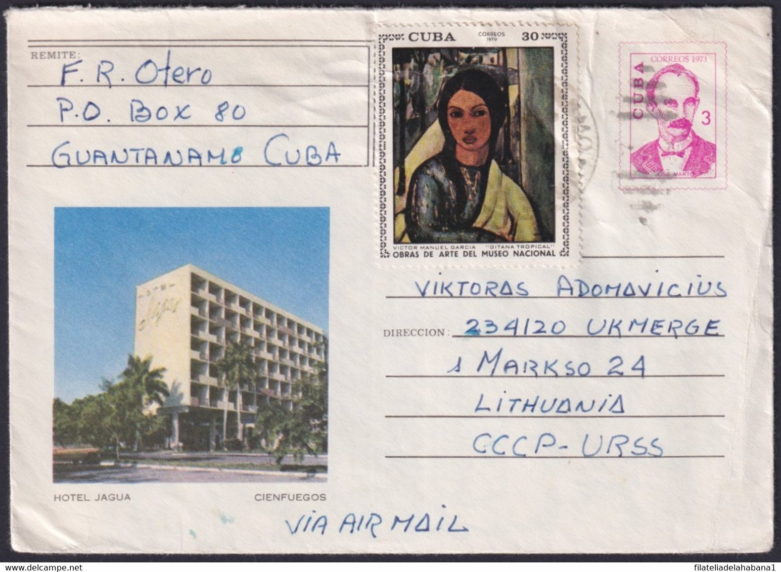 1973-EP-76 CUBA 1973 3c USED POSTAL STATIONERY COVER JAGUA HOTEL CIENFUEGOS GUANTANAMO TO RUSSIA. - Sonstige & Ohne Zuordnung