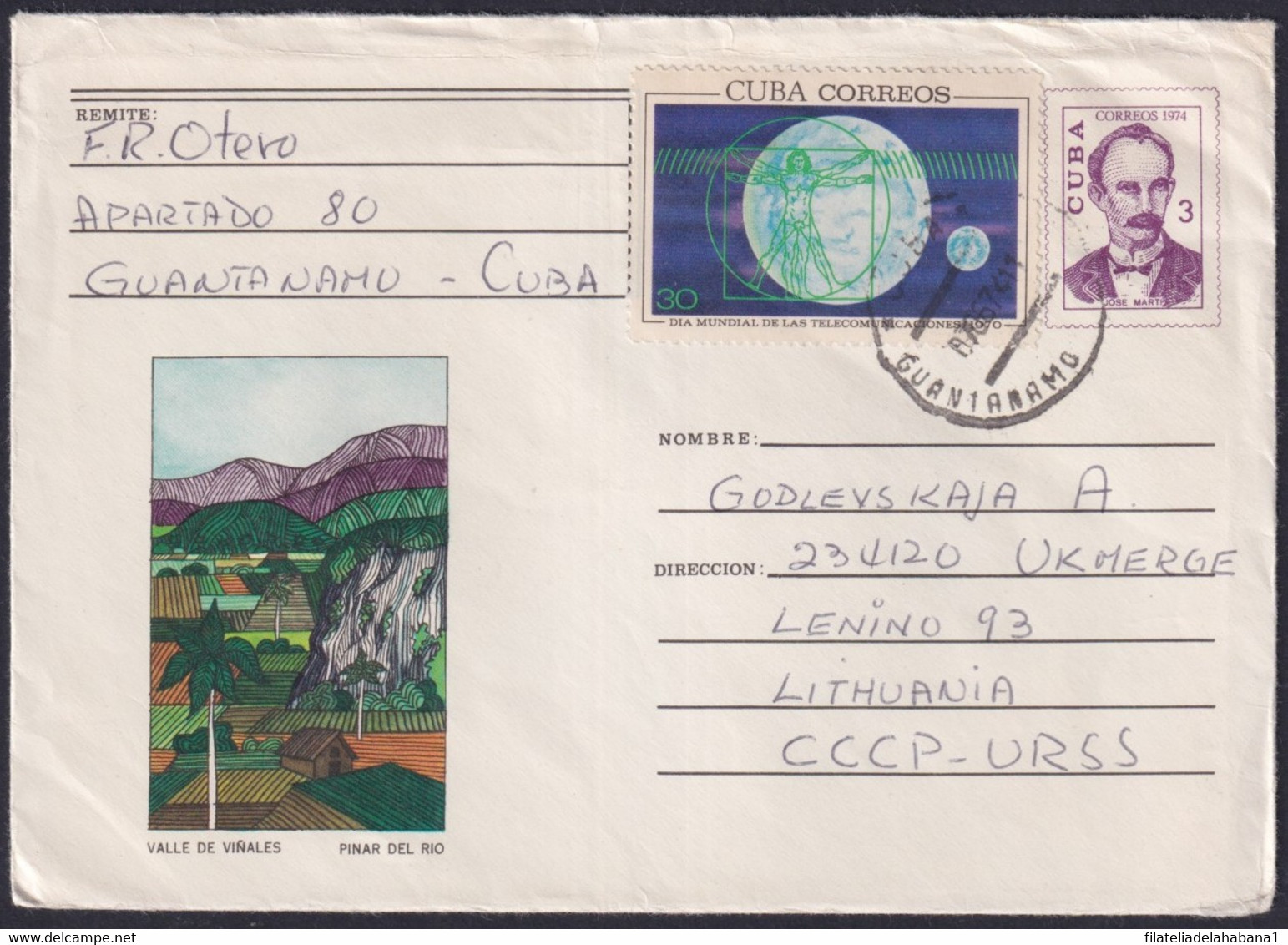 1974-EP-125 CUBA 1974 3c USED POSTAL STATIONERY COVER VIÑALES VALLEY GUANTANAMO TO RUSSIA. - Autres & Non Classés