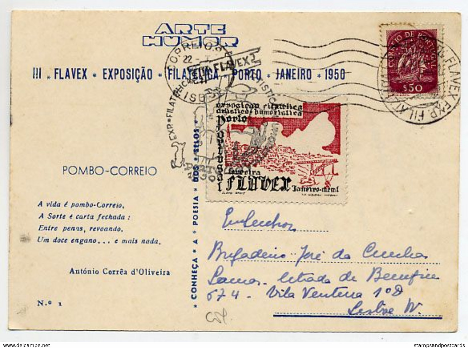 Portugal Carte Postale Avec Vignette Et Cachet A Date Expo Philatelique Porto 1950 Cinderella On Cover Comm. Pmk. Oporto - Local Post Stamps