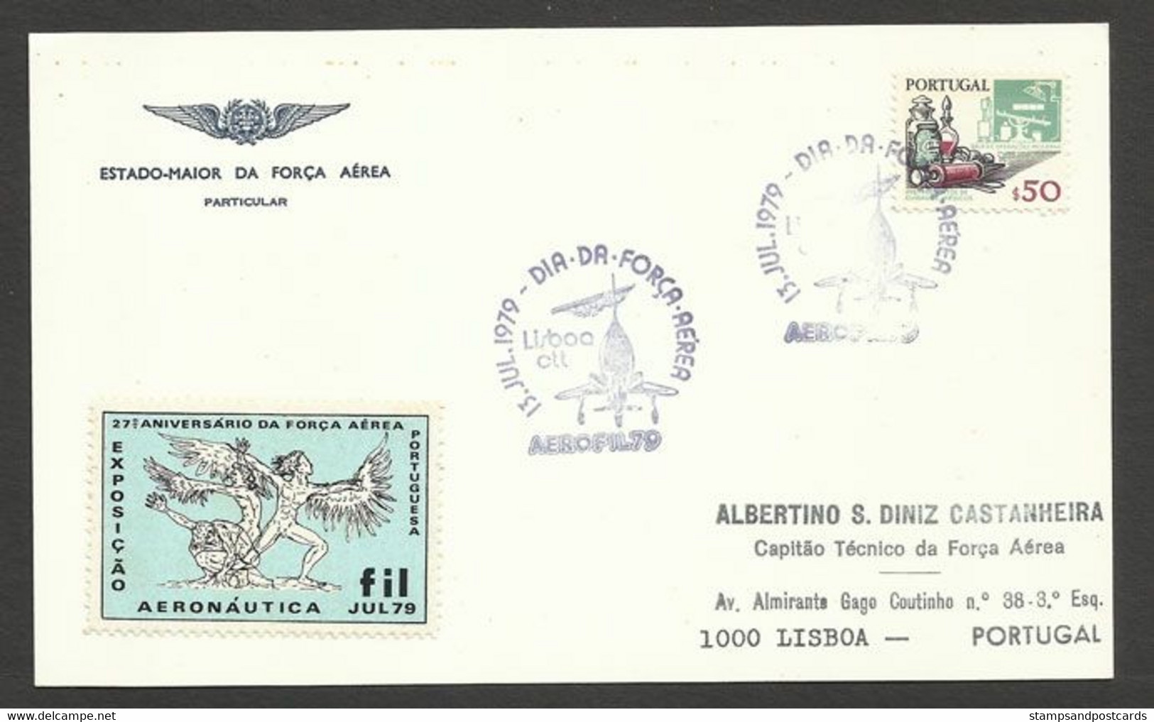 Portugal Carte Avec Vignette 1979 Expo Aeronautique Anniversaire Armée De L' Air Cinderella On Cover Airforce Airshow - Local Post Stamps