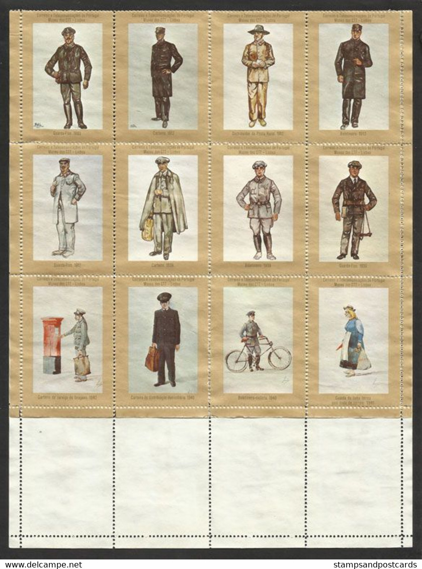 Portugal Feuillet 28 Vignettes Musée Da La Poste Facteurs Vélo C. 1970 Cinderella Sheetlet Postal Museum Postman Bike - Local Post Stamps