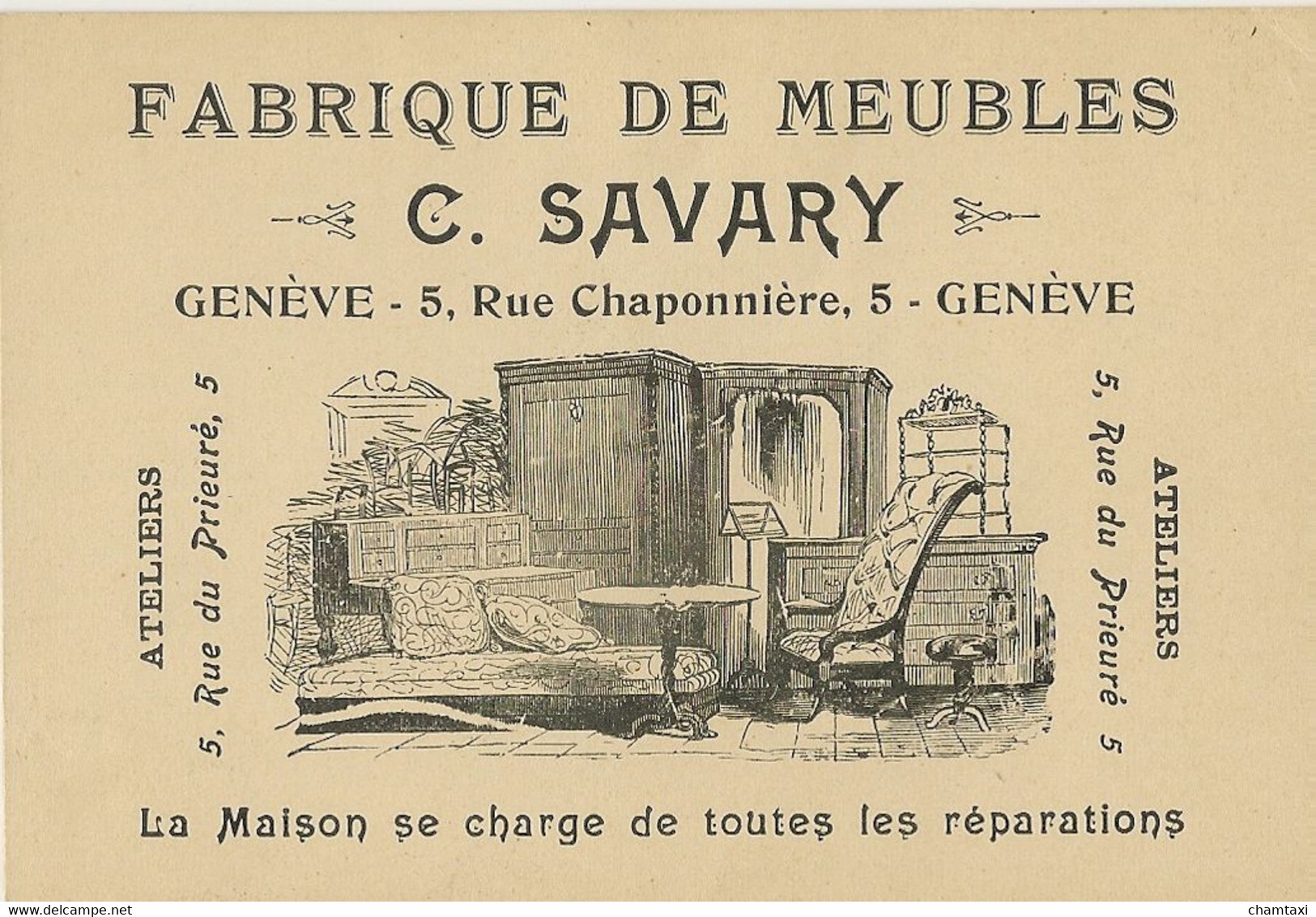 GE GENEVE FABRIQUE DE MEUBLES C . SAVARY 5 RUE CHAPONNIERE ATELIER 5 RUE DU PRIEURE - Suisse