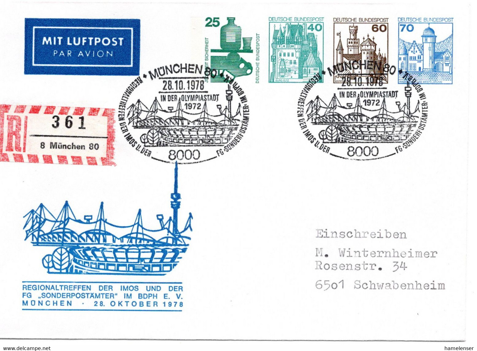 56424 - Bund - 1978 - 70Pfg Etc PGALpUmschl "IMOS" Per R-Bf SoStpl MUENCHEN - ... OLYMPIASTADT 1972 -> Schwabenheim - Ete 1972: Munich