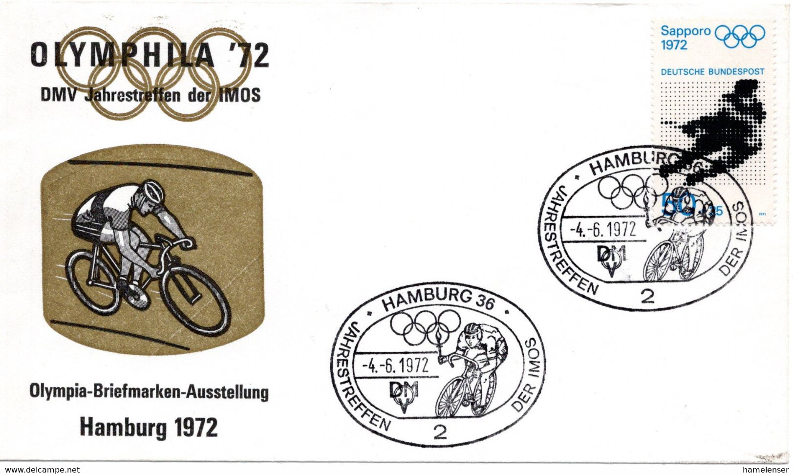 56428 - Bund - 1972 - 50Pfg Winterolympiade '72 EF A SoUmschl SoStpl HAMBURG - JAHRESTREFFEN DER IMOS - Radsport