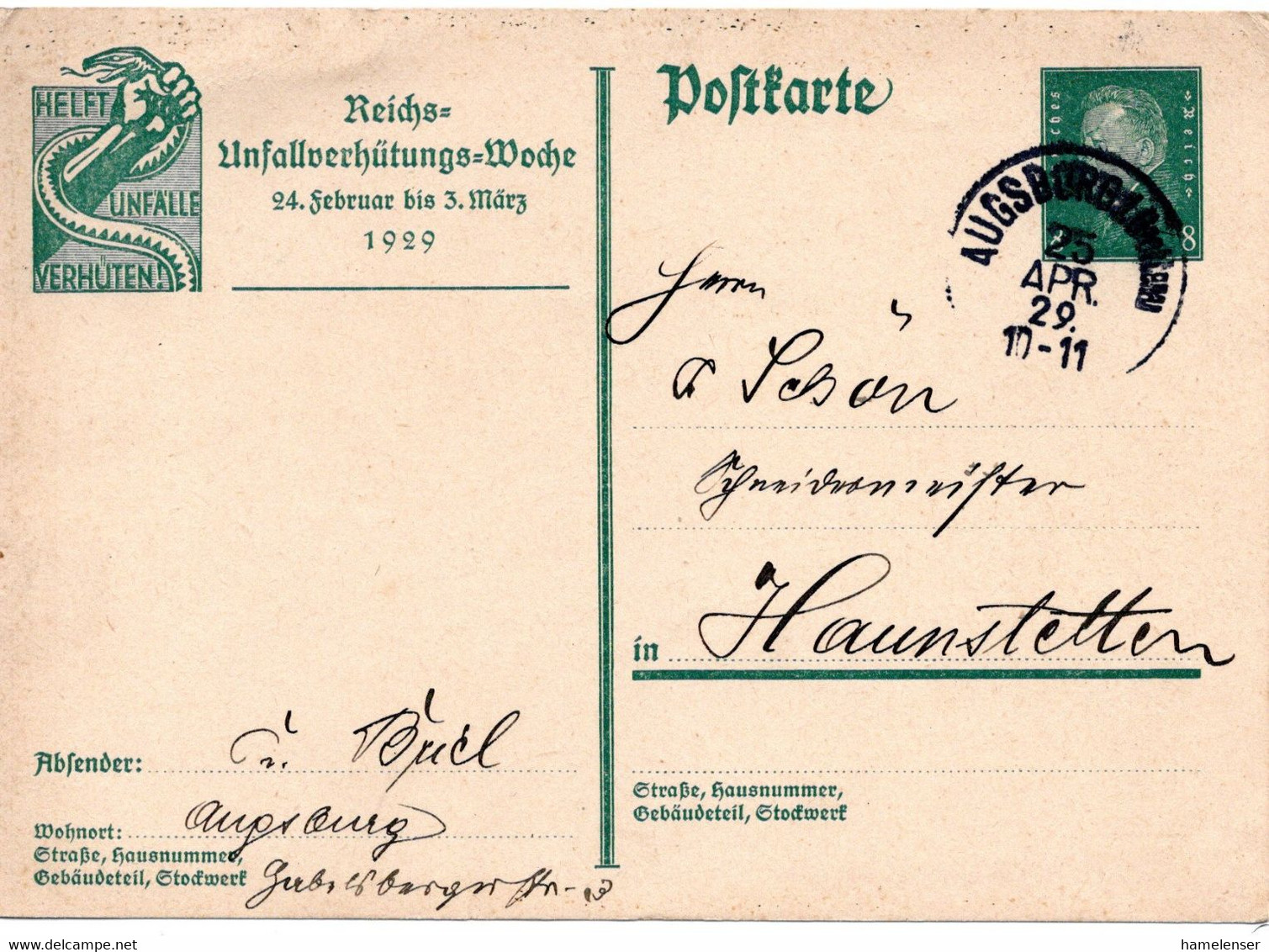 56430 - Deutsches Reich - 1929 - 8Pfg Ebert GASoKte "Reichs-Unfallverhuetungs-Woche" AUGSBURG -> Haunstetten - Unfälle Und Verkehrssicherheit