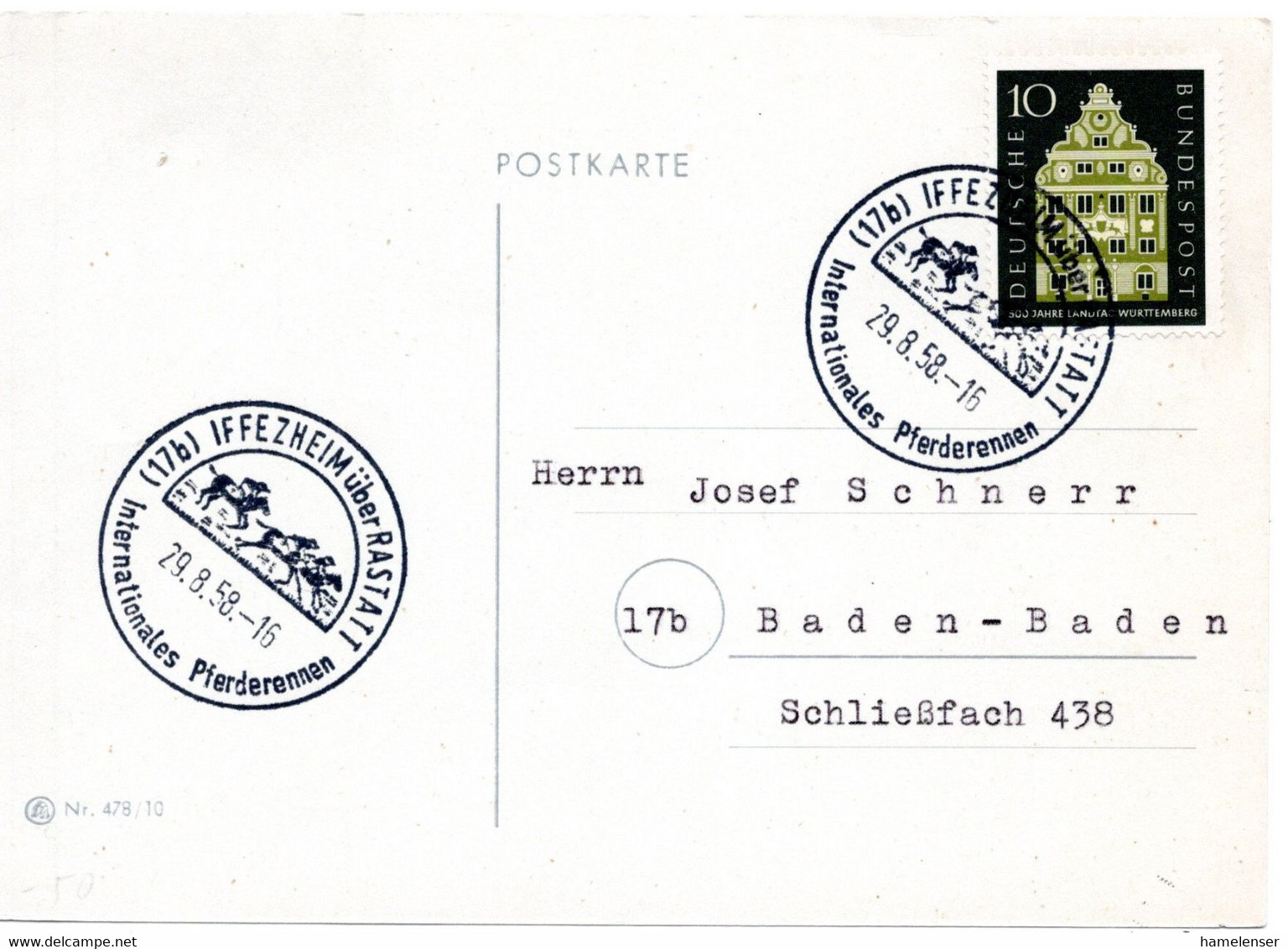 56443 - Bund - 1958 - 10Pfg Eichendorff EF A Kte SoStpl IFFEZHEIM - INTERNATIONALES PFERDERENNEN -> Baden-Baden - Reitsport