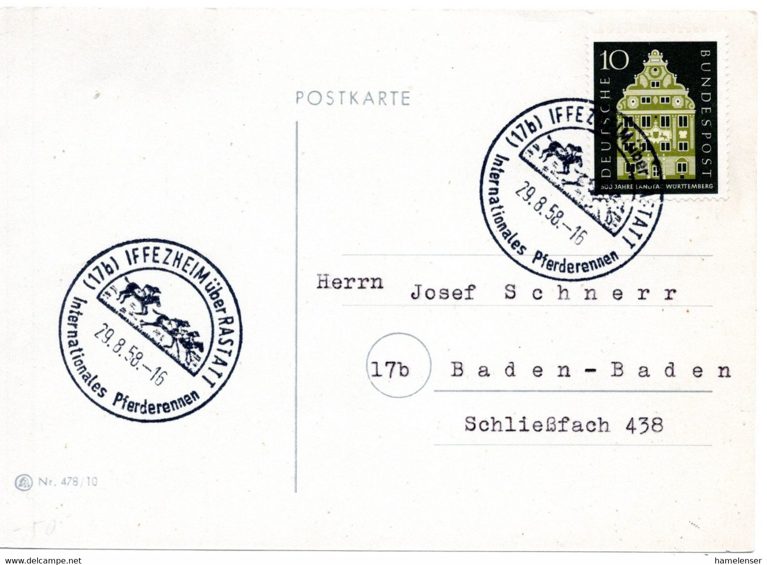 56443 - Bund - 1958 - 10Pfg Eichendorff EF A Kte SoStpl IFFEZHEIM - INTERNATIONALES PFERDERENNEN -> Baden-Baden - Horses