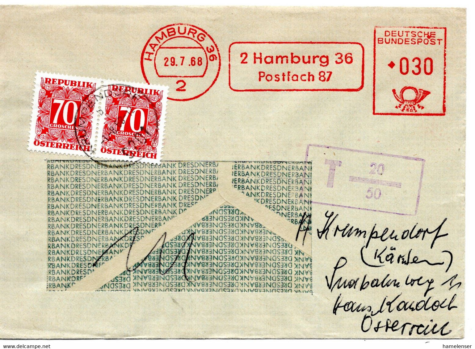 56447 - Bund - 1968 - 30Pfg AbsFreistpl A FensterBf HAMBURG - ..., Nachges -> KRUMPENDORF (Oesterreich), M 2@70g Porto - Postage Due