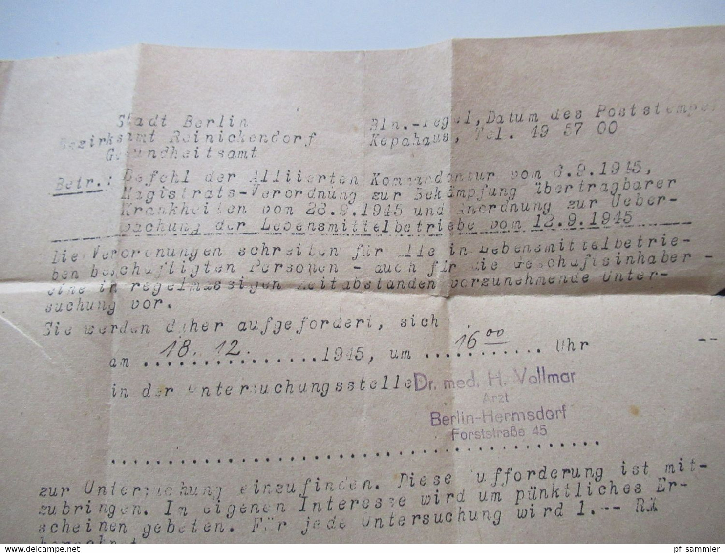 SBZ 13.12.1945 Berliner Bär Nr.3 EF Drucksache Berlin Ortsverwendung Gesundheitsamt Bezirksverwaltung Reinickendorf