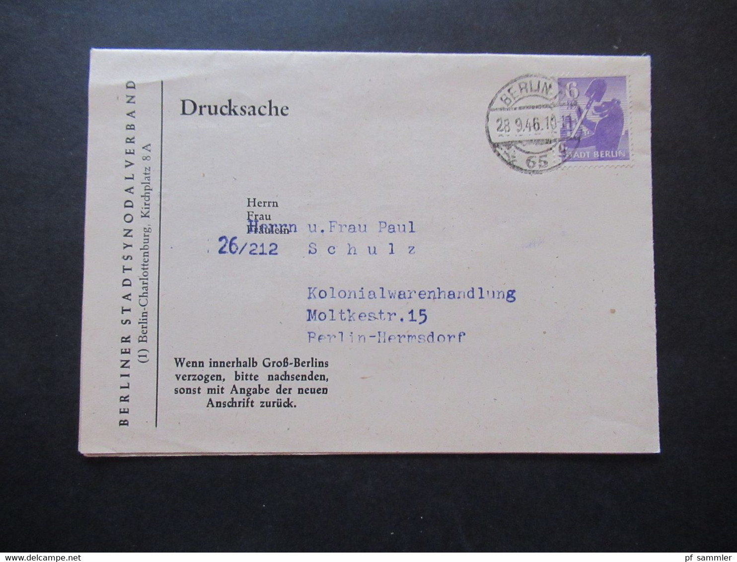 SBZ 1946 Berliner Bär Nr.2 EF Drucksache Berlin Ortsverwendung Berliner Stadtsynodalverband Betr. Kirchensteuer - Andere & Zonder Classificatie