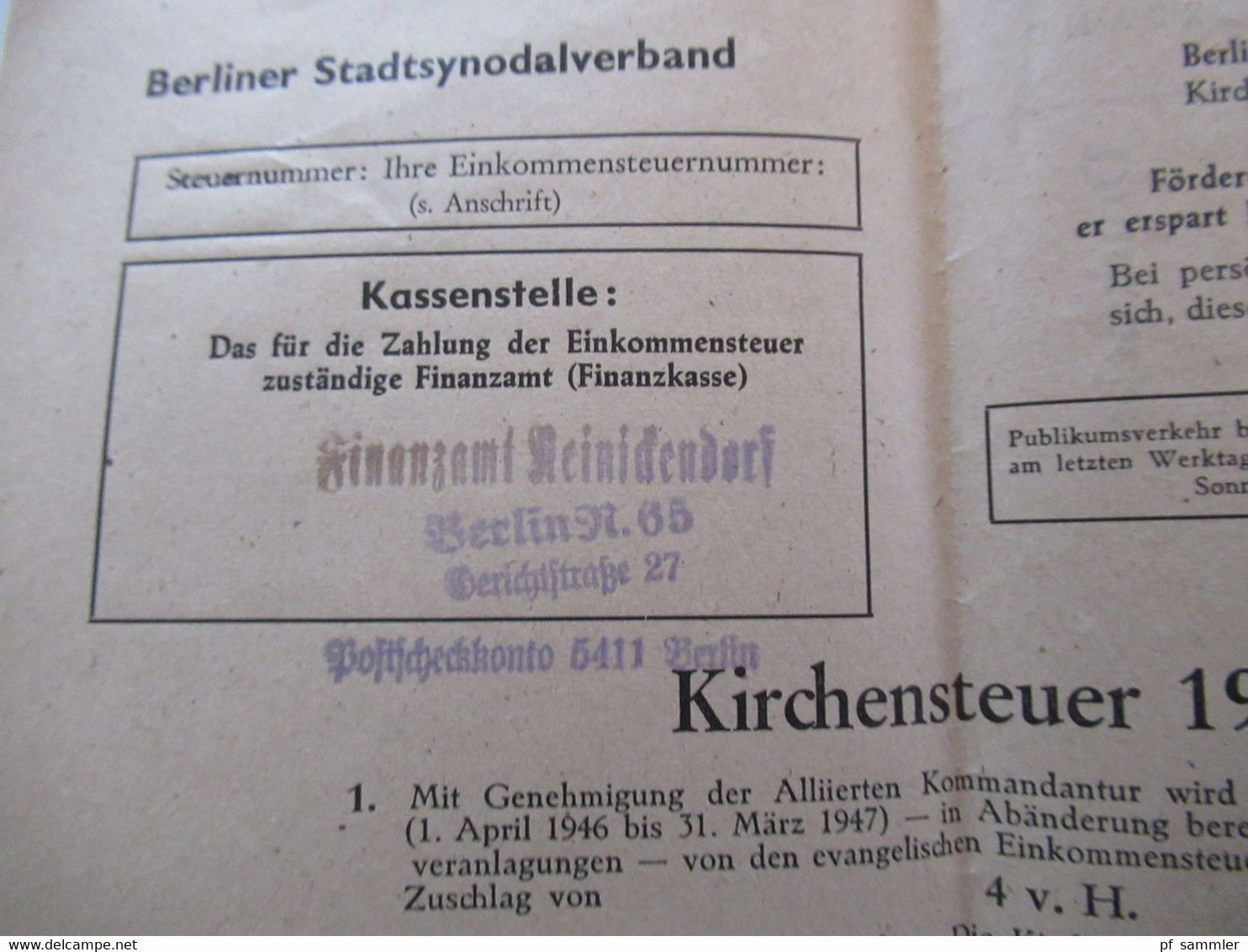 SBZ 1946 Berliner Bär Nr.2 EF Drucksache Berlin Ortsverwendung Berliner Stadtsynodalverband betr. Kirchensteuer