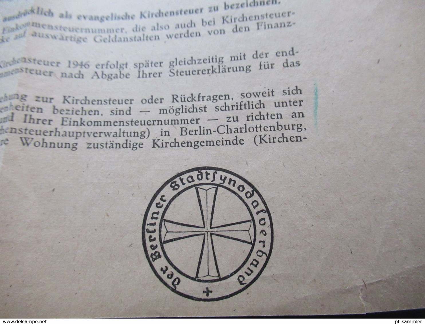 SBZ 1946 Berliner Bär Nr.2 EF Drucksache Berlin Ortsverwendung Berliner Stadtsynodalverband betr. Kirchensteuer