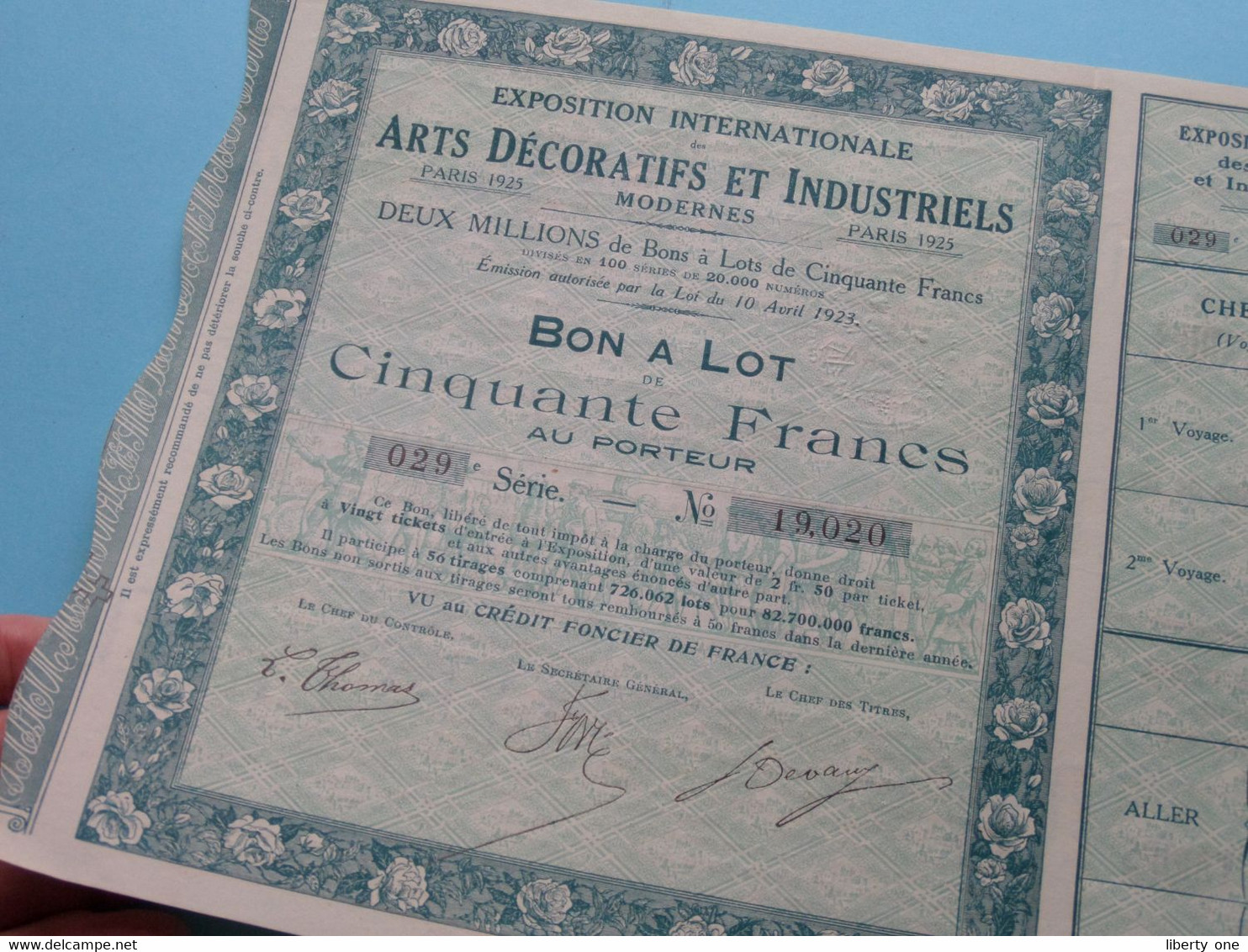 EXPO Int. > ARTS Décoratifs Et Industriels PARIS 1925 ( Voir Scans ) Bon A Lot De 50 Francs > 029e Série - N° 19.020 ! - Turismo