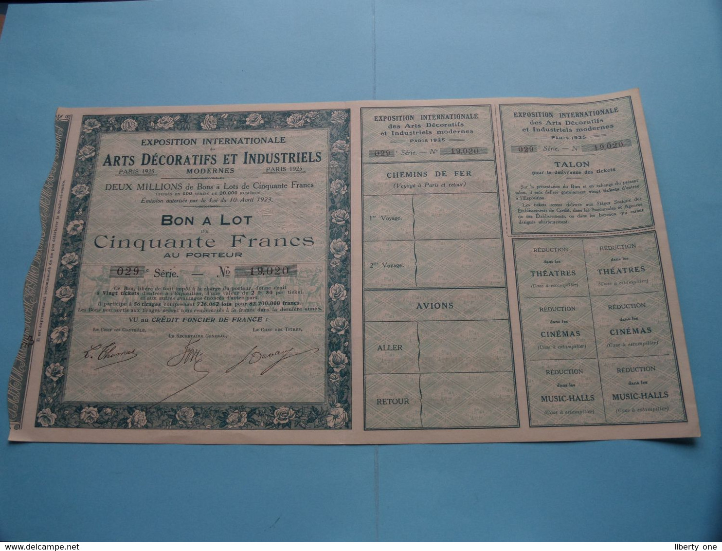 EXPO Int. > ARTS Décoratifs Et Industriels PARIS 1925 ( Voir Scans ) Bon A Lot De 50 Francs > 029e Série - N° 19.020 ! - Tourisme