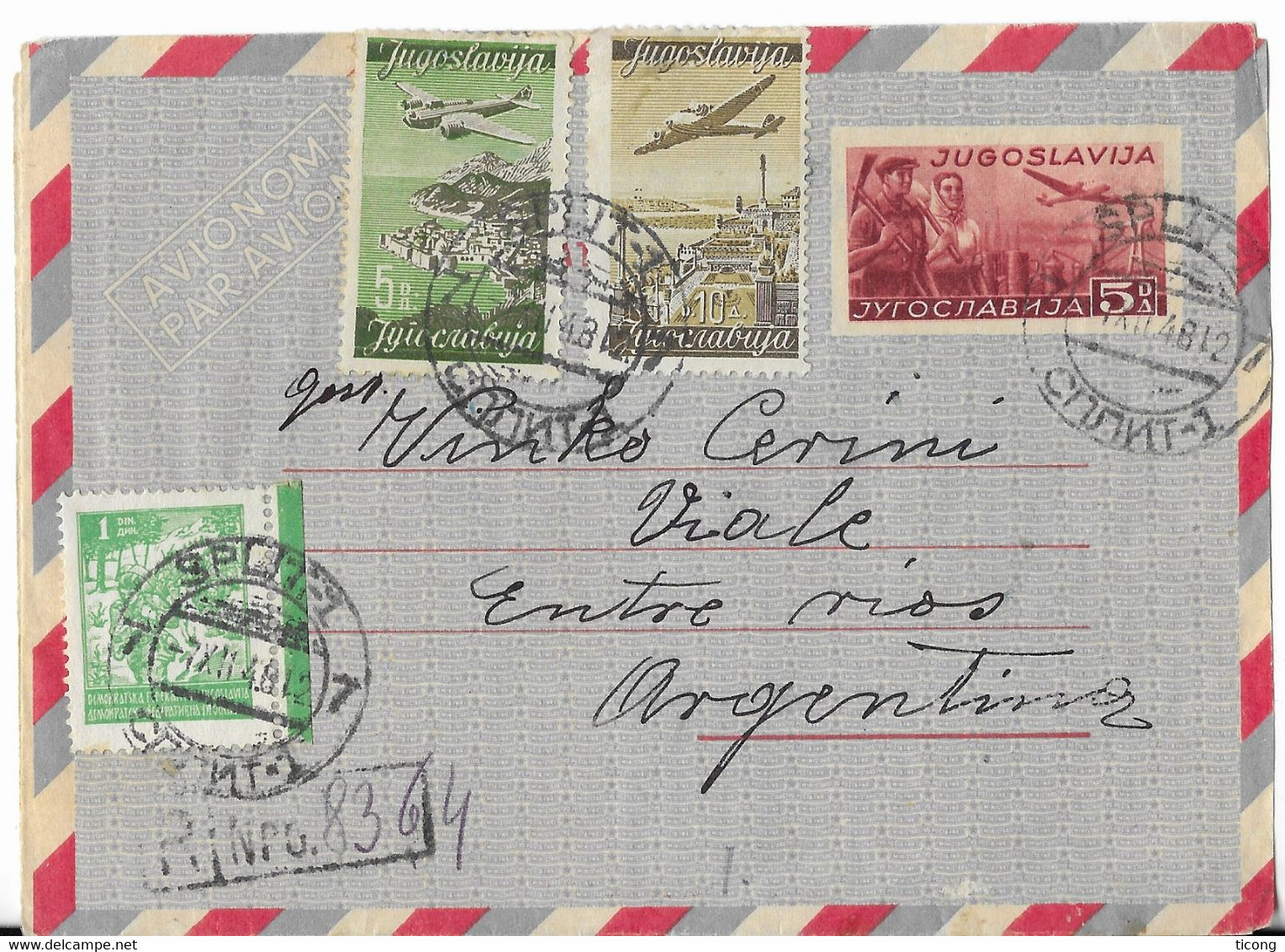 YOUGOSLAVIE 1948 - ENTIER POSTAL AVION ET OUVRIERS, AVIONS SUR DUBROVNIK ET BELGRADE, LES PARTISANS, POUR L ARGENTINE - Luftpost