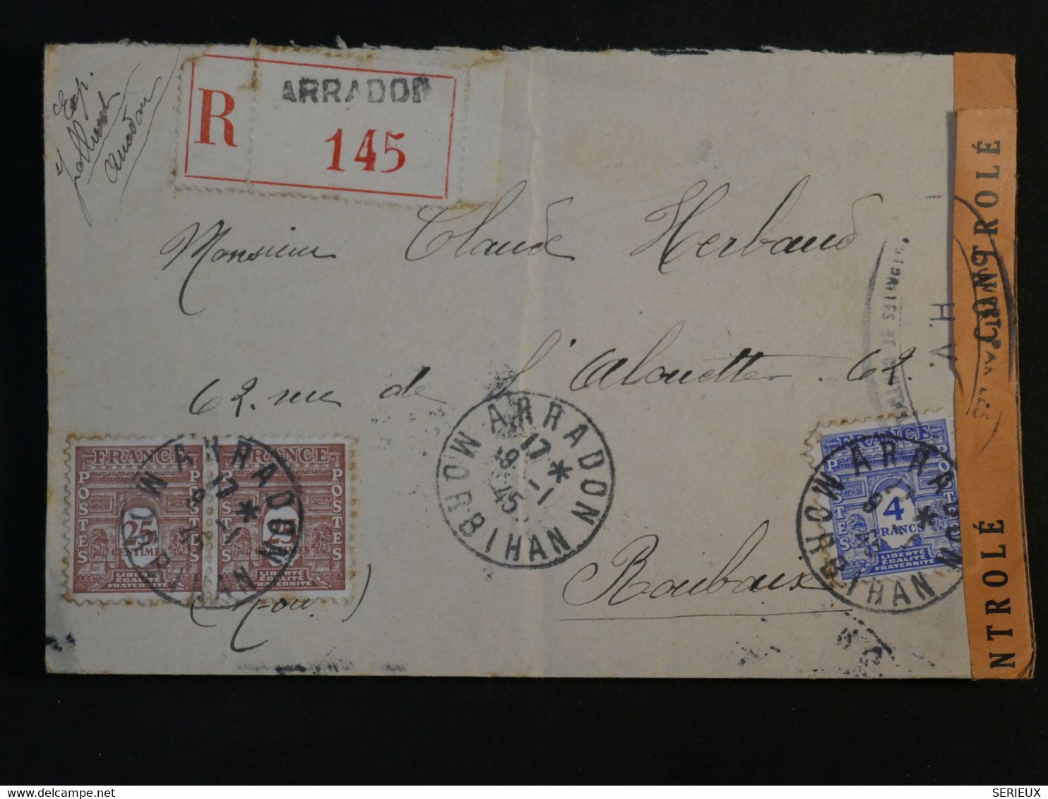 BL9  FRANCE  BELLE LETTRE CENSUREE RECOM.  1945  ARRADON  A ROUBAIX   + AFFR. INTERESSANT ++ - 1944-45 Arc Of Triomphe