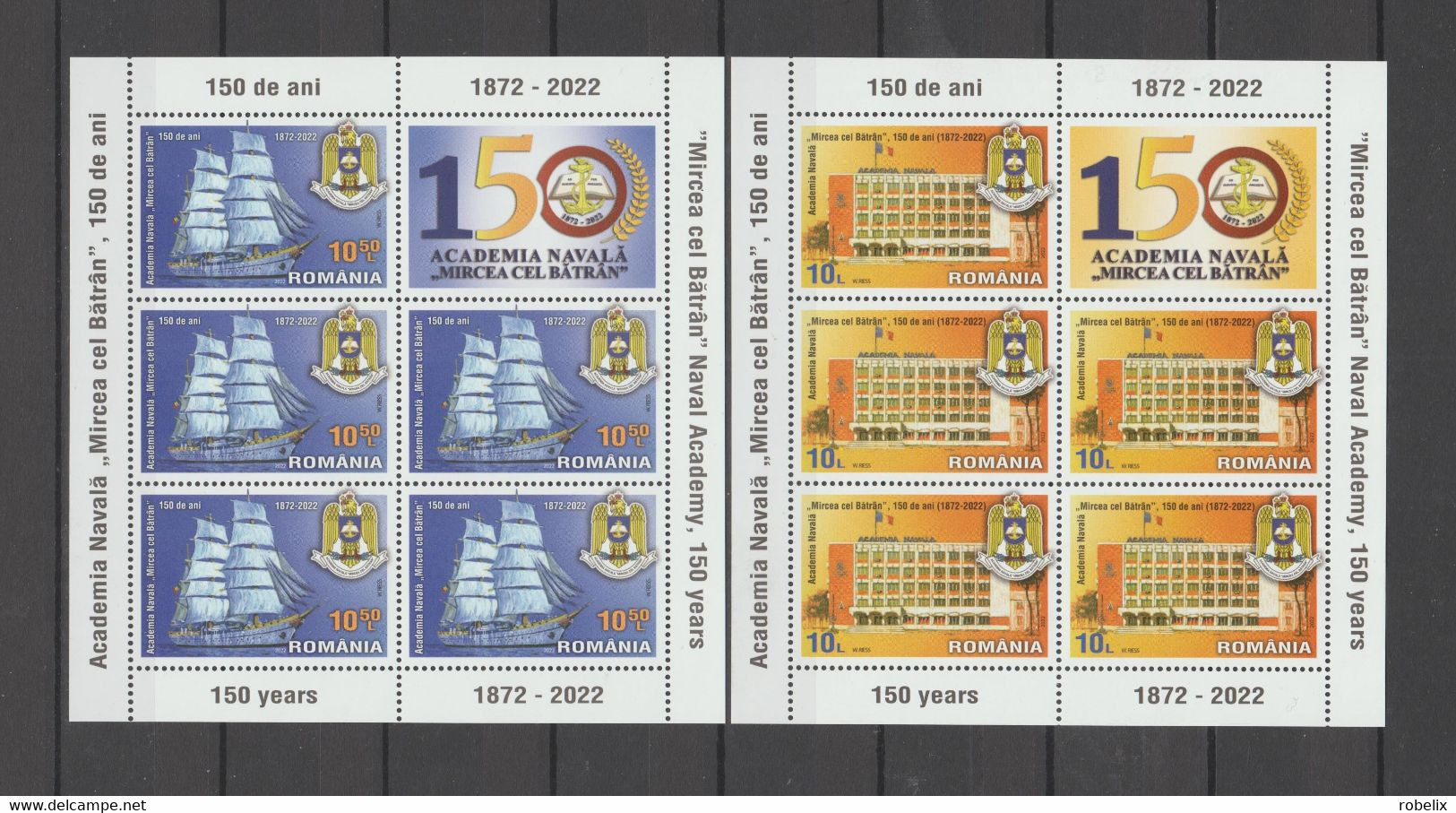 ROMANIA 2022  NAVAL ACADEMY "Mircea Cel Batran"- 150 Years - Ship ,Coat Of Arms Mini Sheet 5 Stamps+1 Label MNH** - Nuevos