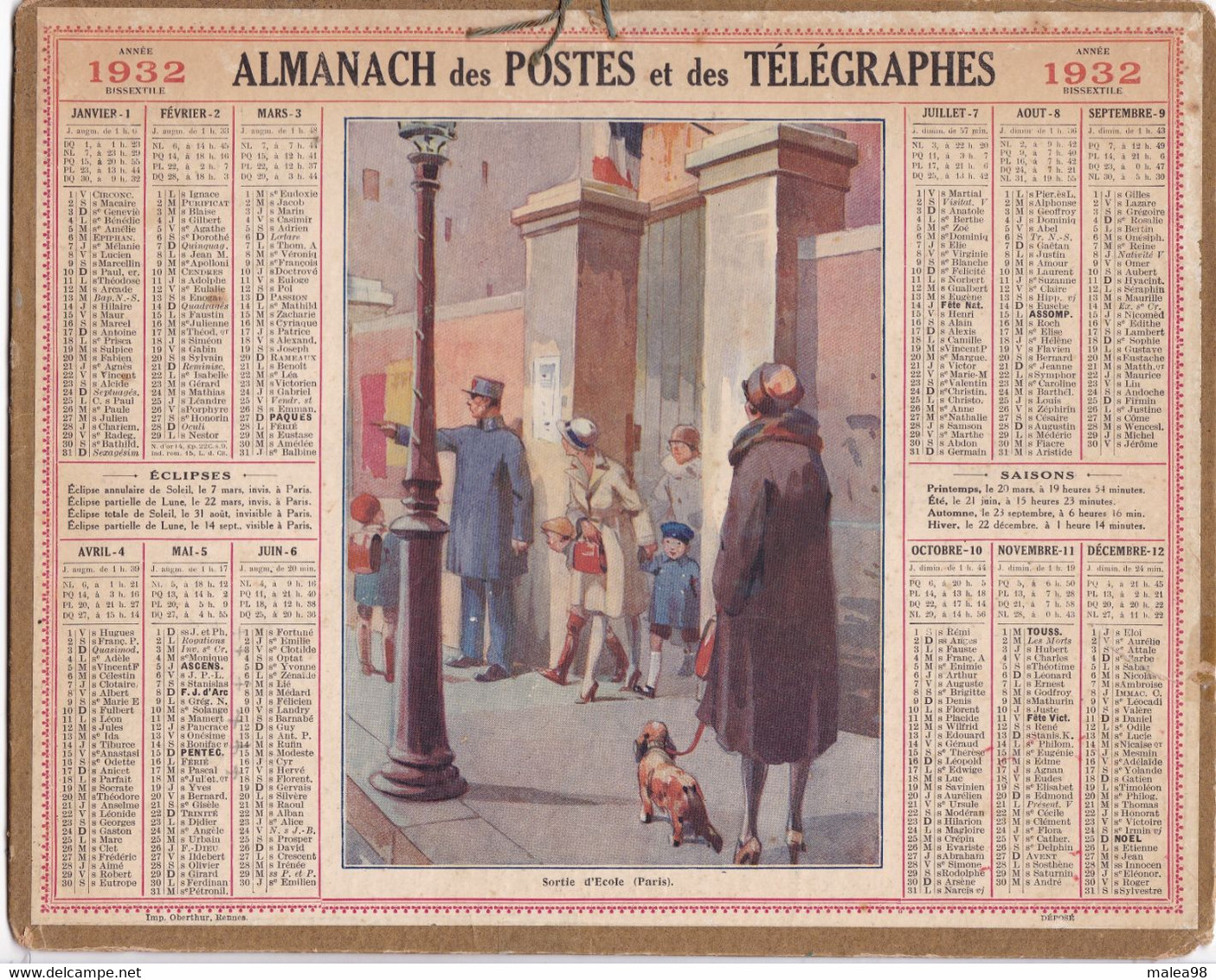 ALMANACH  DES POSTES ET DES  TELEGRAPHES  1932 ,,,, SORTIE  D' ECOLE ,,HERAULT - Grossformat : 1921-40