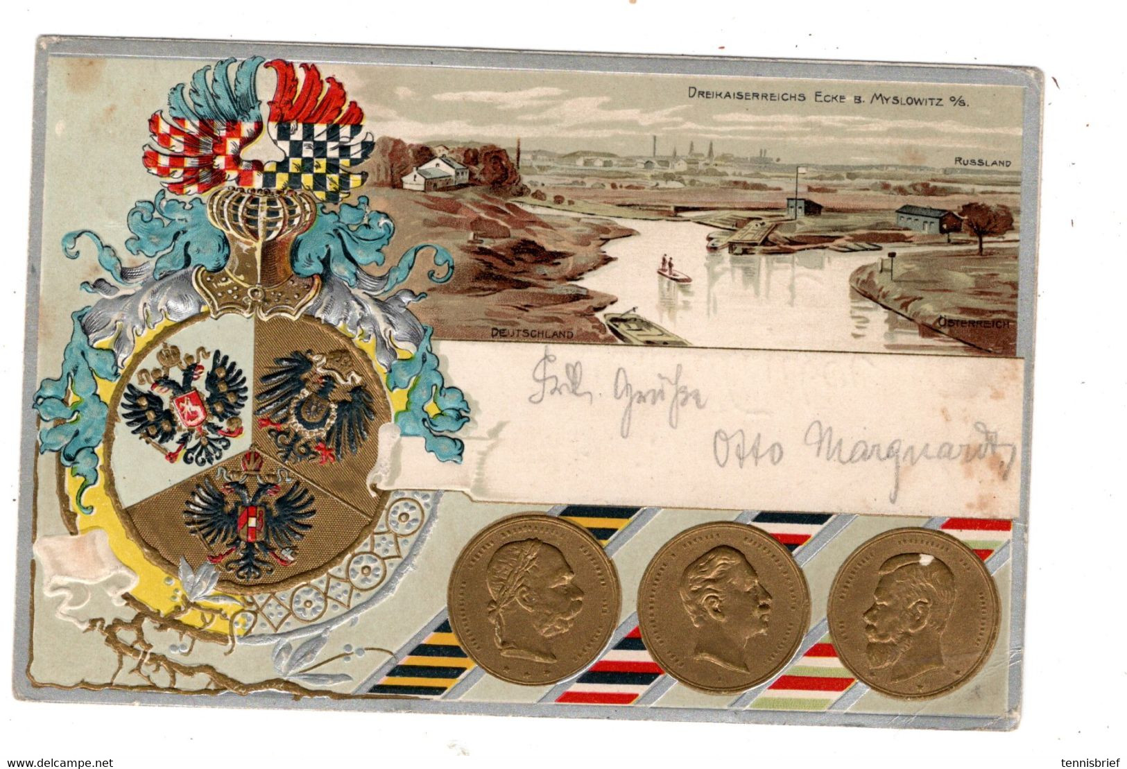1903 , Myslowitz , " Dreikaiserreichsecke "mit Abb 3 Wappen Und 3 Münzen  , 3 Länder-Frankatur - Polen