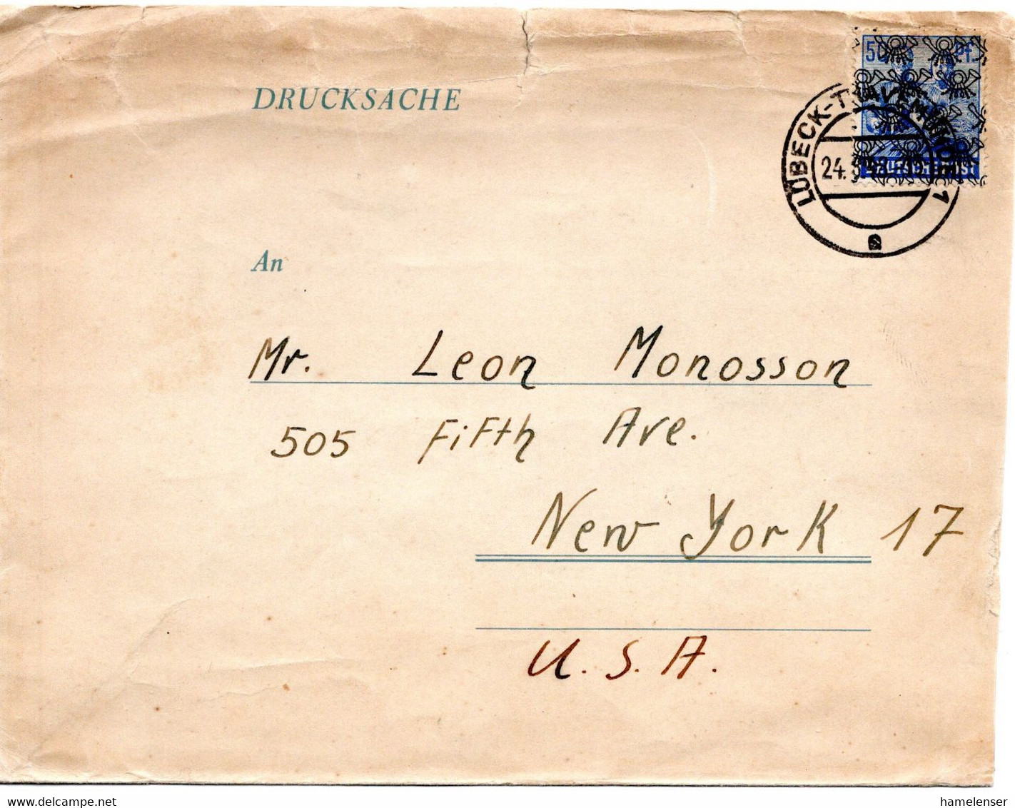 56460 - Bizone - 1948 - 50Pfg Netzaufdr EF A DrucksBf (etw Verfaerbt) LUEBECK -> New York, NY (USA) - Altri & Non Classificati