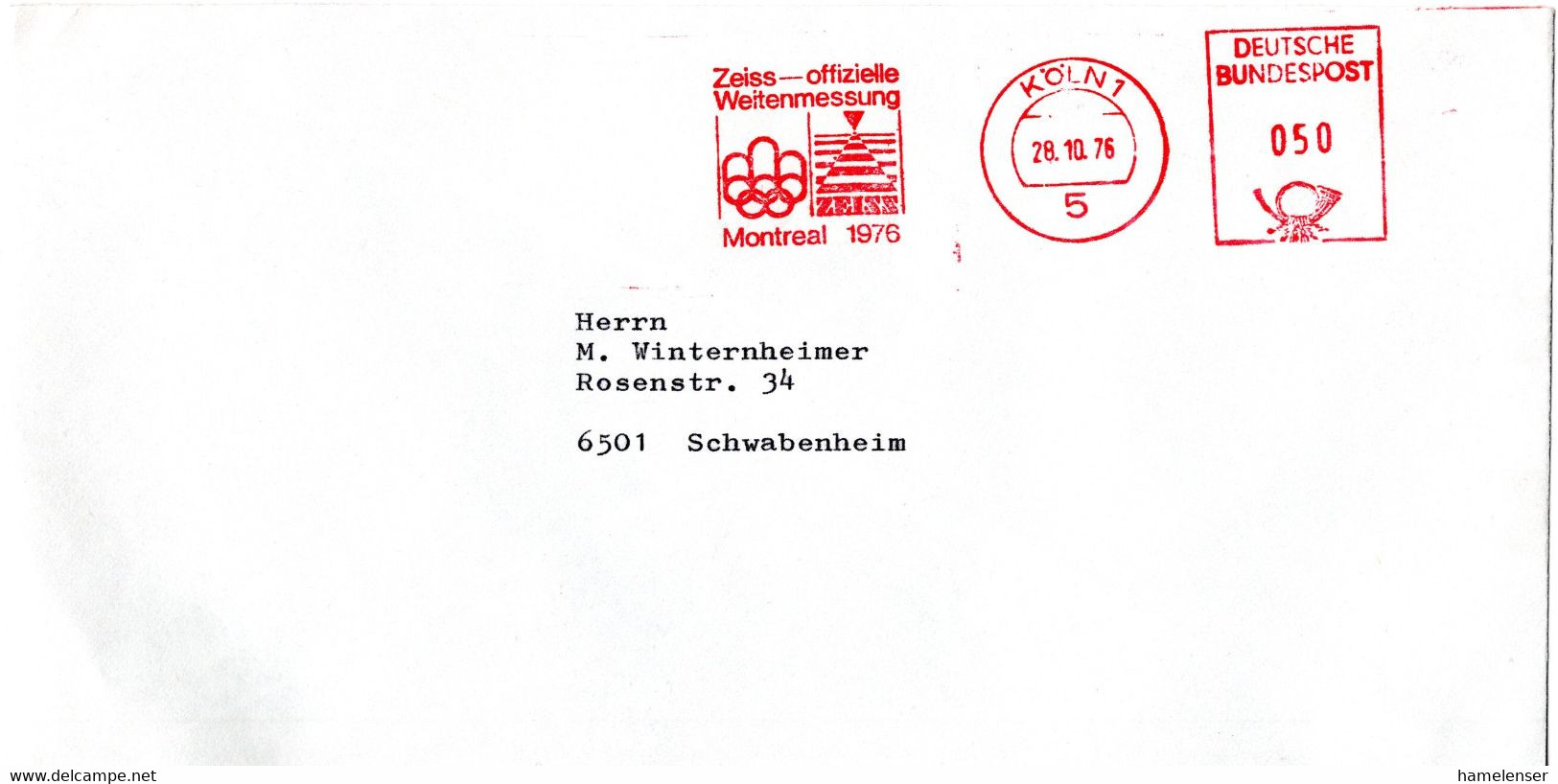 L56465 - Bund - 1976 - 50Pfg AbsFreistpl A Bf KOELN - ZEISS OFFIZIELLE WEITENMESSUNG MONTREAL 1976 -> Schwabenheim - Verano 1976: Montréal