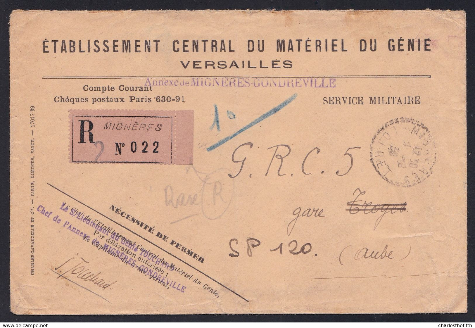 RECOMMANDEE SERVICE MILITAIRE - Genie Versailles ( Griffe Annexe De Mignères Condreville ) Poste Aux Armées 39 - 3 Scans - WW II