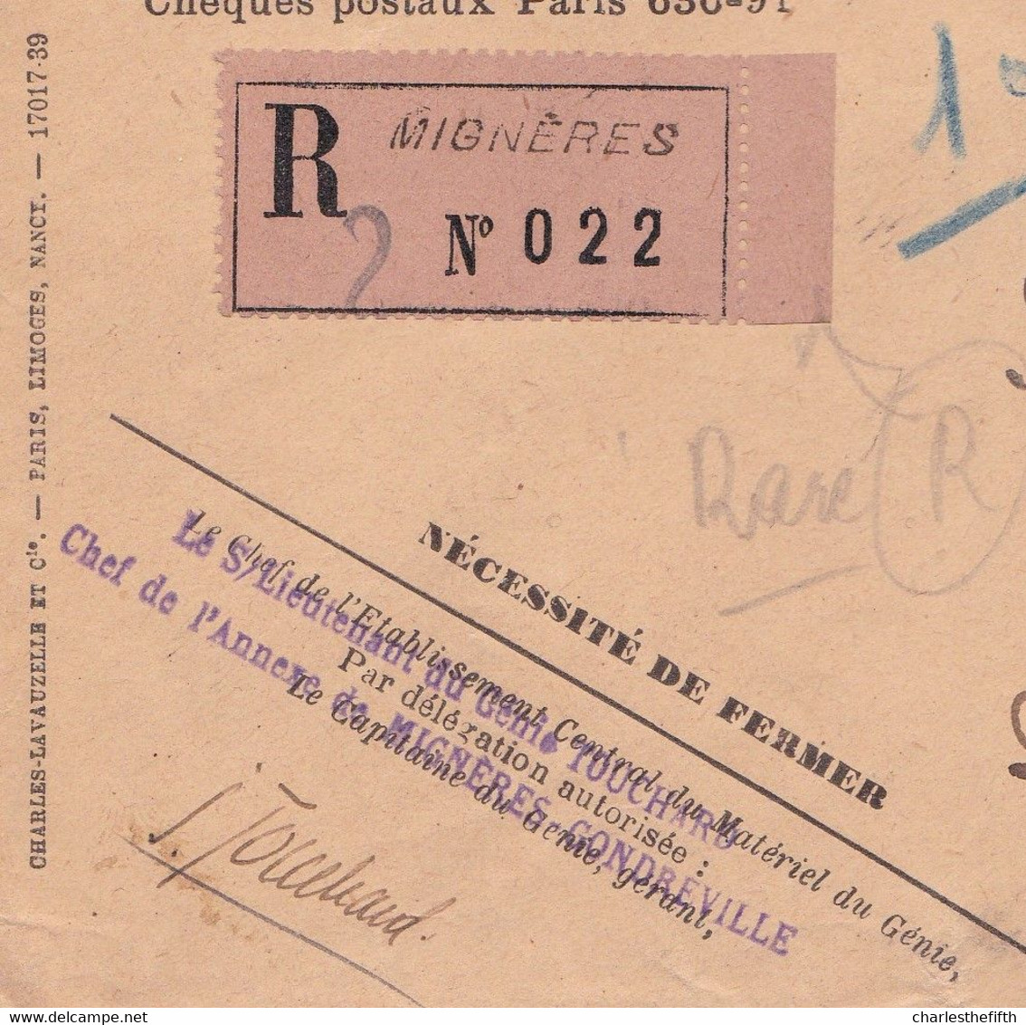 RECOMMANDEE SERVICE MILITAIRE - Genie Versailles ( Griffe Annexe De Mignères Condreville ) Poste Aux Armées 39 - 3 Scans - Oorlog 1939-45