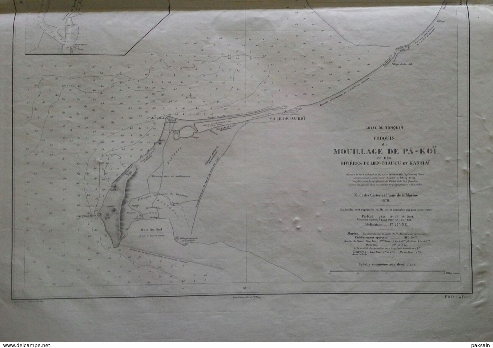 Carte Chine 1878 Croquis Mouillage De PA-KOI PAK-HOI Golfe Du Tonkin Rivière De Lien-Chau-Fu Map China - Cartes Marines