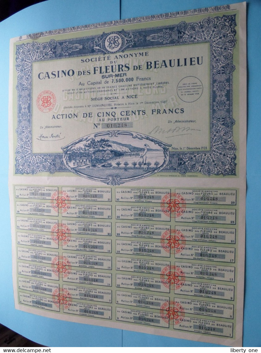 CASINO Des FLEURS De BEAULIEU Sur-Mer - Nice ( Voir / See SCANS ) N° 010248 > Action 500 Francs ! - Casino'