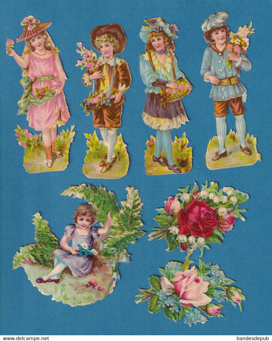 Chromo Decoupis Divers Enfants  Petits Garçons Et Filles  11 Cm Fleurs En Bel état 1890 - Enfants