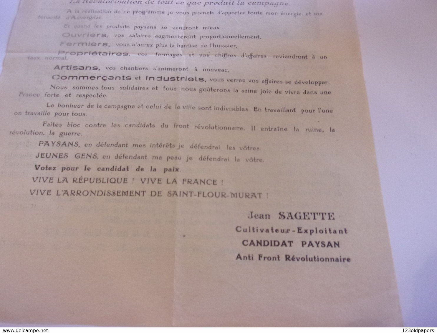 ♥️ LEGISLATIVES 1936 JEAN SAGETTE FARGES DE CUSSAC SAINT FLOUR MURAT CANDIDAT PAYSAN DE CASTELLANE ANTI REVOLUTIONNAIRE - Auvergne