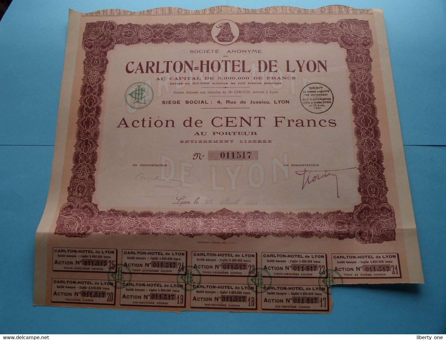 CARLTON-HOTEL De LYON ( Voir / See SCANS ) N° 011517 > Action De 100 Francs ! - A - C