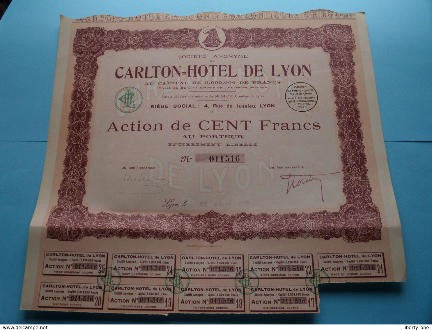 CARLTON-HOTEL De LYON ( Voir / See SCANS ) N° 011516 > Action De 100 Francs ! - A - C