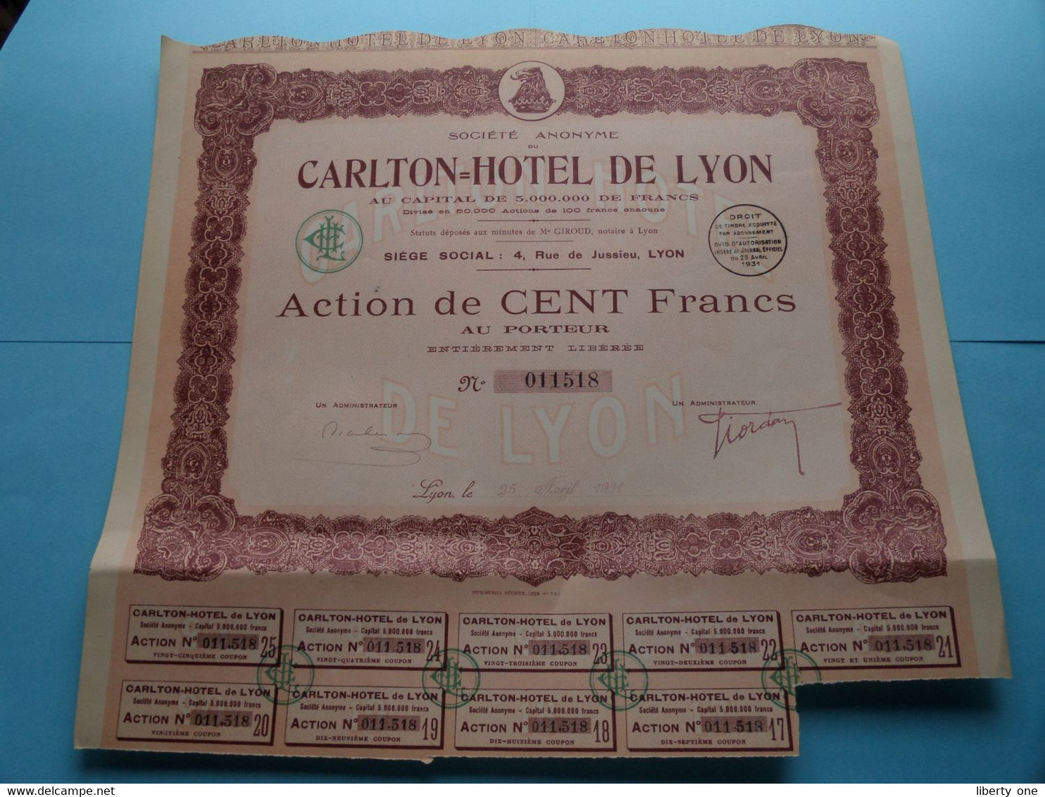 CARLTON-HOTEL De LYON ( Voir / See SCANS ) N° 011518 > Action De 100 Francs ! - A - C