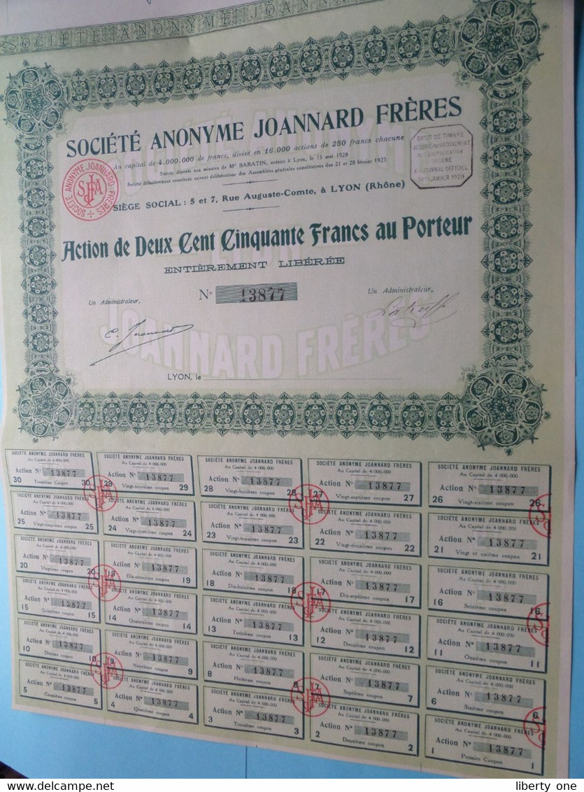 Soc. Anonyme JOANNARD Frères - Lyon (Rhône) ( Voir / See SCANS ) N° 13877 > Action De 250 Francs ! - J - L