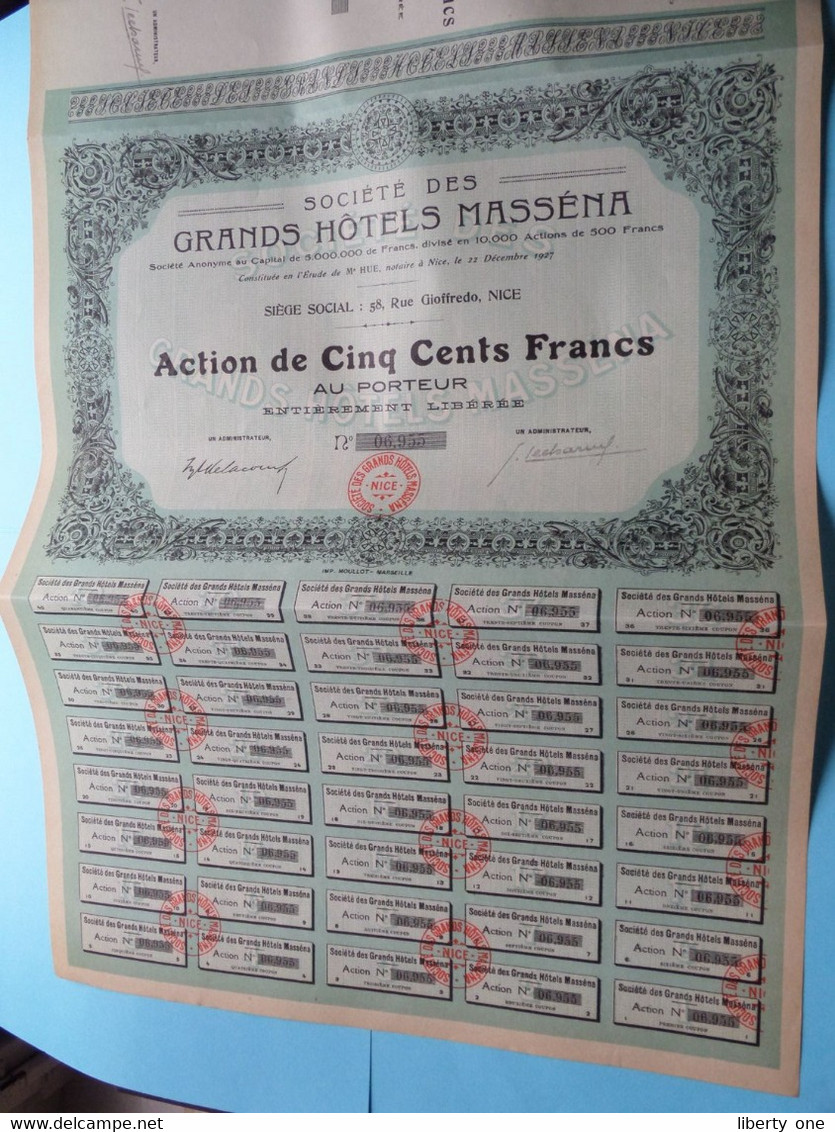 GRANDS HOTELS MASSENA ( Masséna ) Nice ( Voir / See SCANS ) N° 06955 > Action De 500 Francs ! - Toerisme