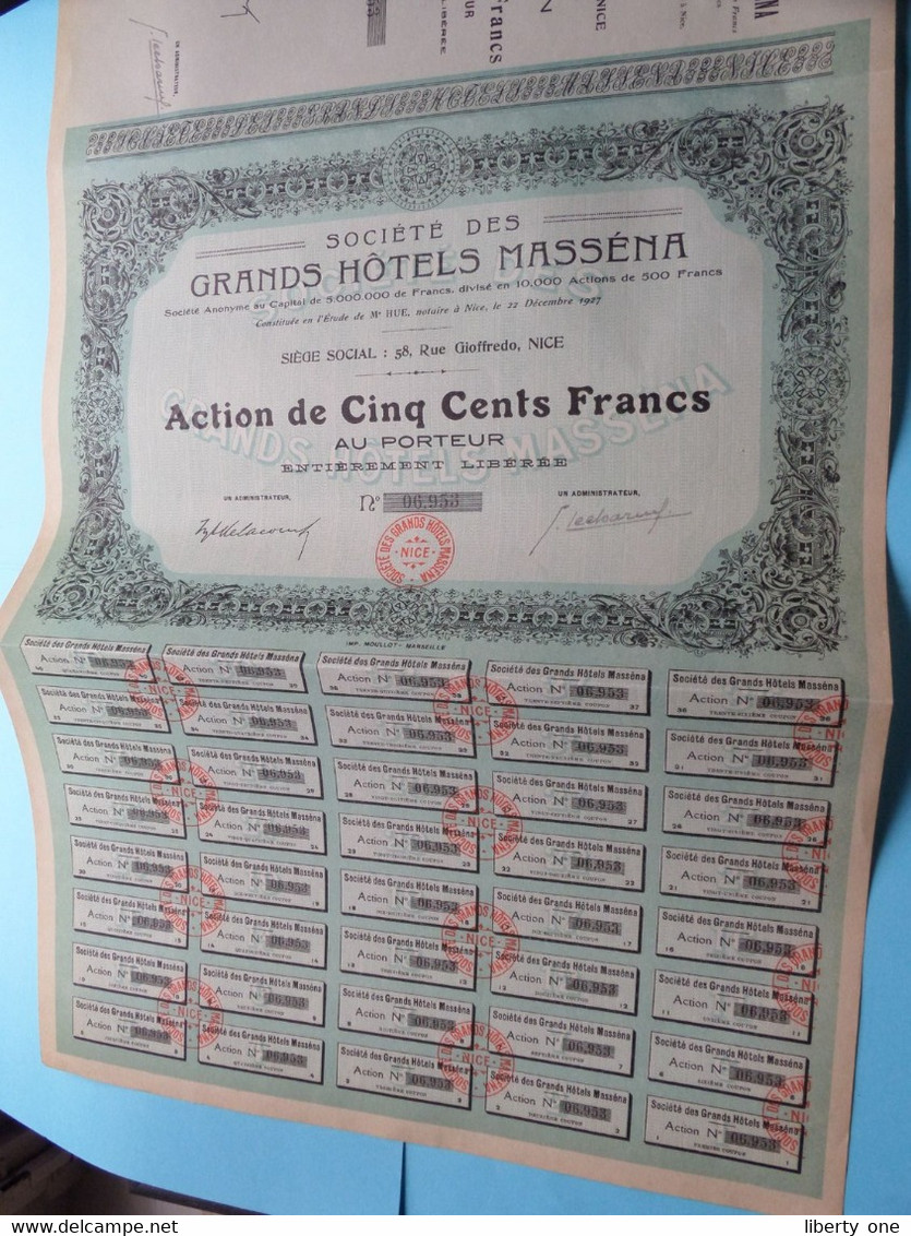 GRANDS HOTELS MASSENA ( Masséna ) Nice ( Voir / See SCANS ) N° 06953 > Action De 500 Francs ! - Tourisme