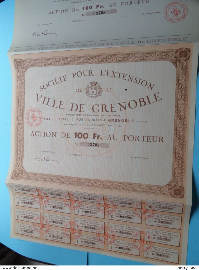 Soc. Pour L'Extansion De La VILLE DE GRENOBLE ( Voir / See SCANS ) N° 03798 > Action De 100 Francs ! - Tourisme