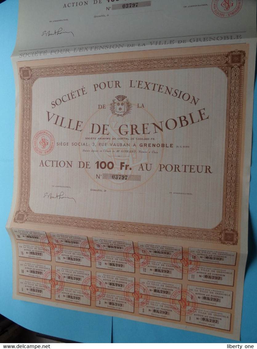 Soc. Pour L'Extansion De La VILLE DE GRENOBLE ( Voir / See SCANS ) N° 03797 > Action De 100 Francs ! - Tourism