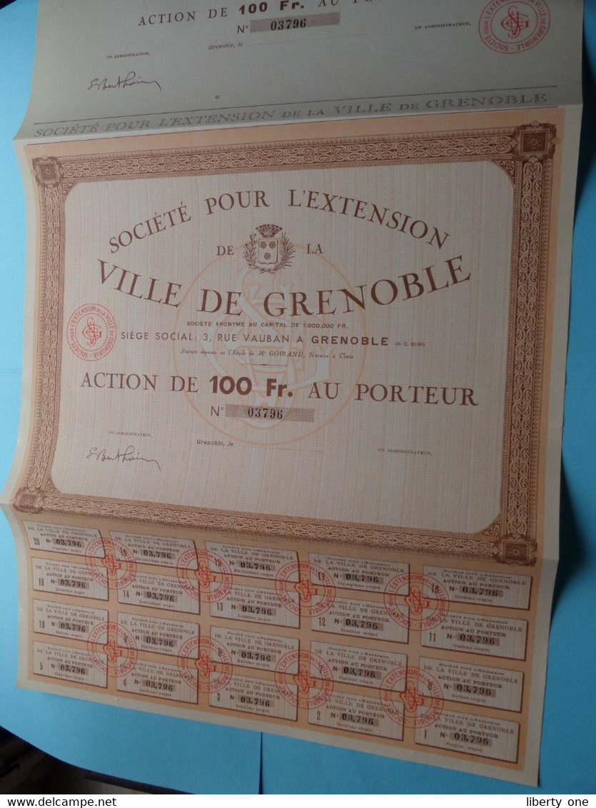 Soc. Pour L'Extansion De La VILLE DE GRENOBLE ( Voir / See SCANS ) N° 03796 > Action De 100 Francs ! - Turismo